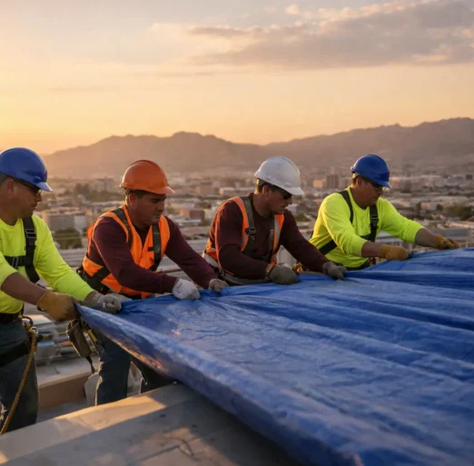 Commercial-Roofing-Crew-Pulling-Tarp-at-Golden-Hour-in-El-Paso,-TX
