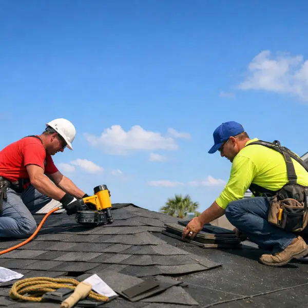 Two roofing contractors installing asphalt shingles on a residential roof in Las Cruces, NM and El Paso, TX.